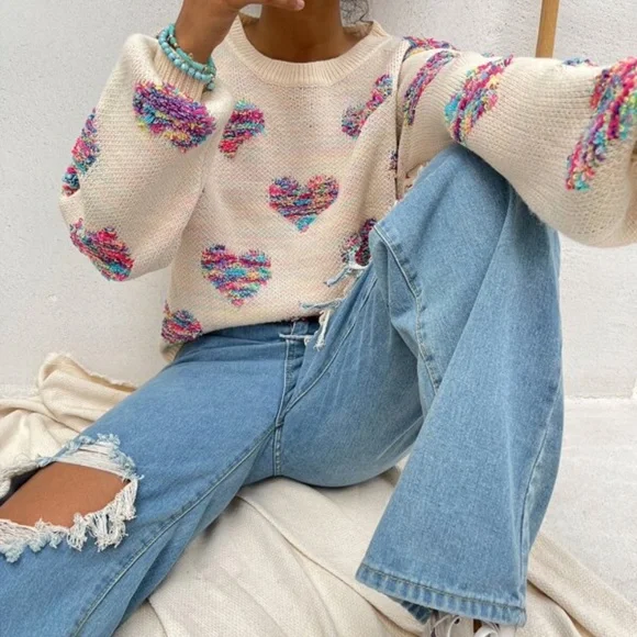 06 Cozy Hearts Print Oversized Knit Sweater Top - Picture 9 of 14